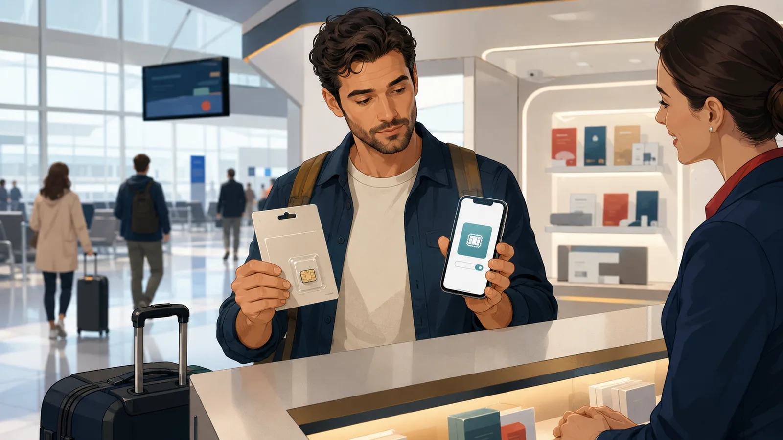 Турист сравнивает физическую SIM-карту и eSIM в салоне связи аэропорта