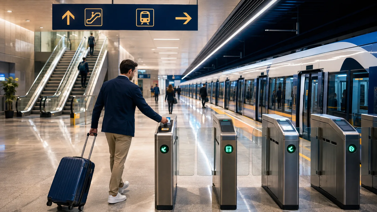 Путешественник проходит через турникет метро в аэропорту Сабиха Гёкчен