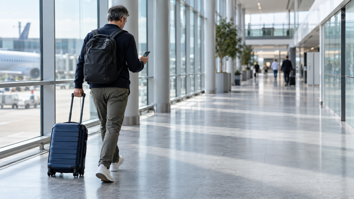 A traveller with hand luggage checks a phone while walking through the terminal after arrival.