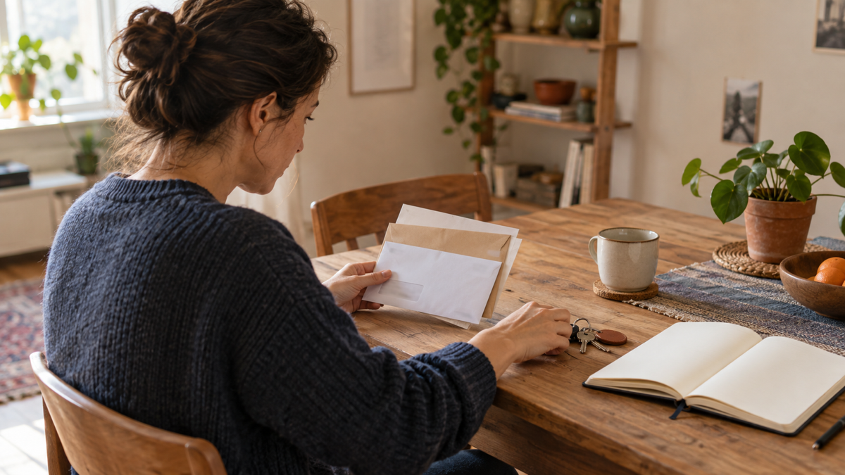 Une personne trie son courrier et ses clés à la table de son nouvel appartement.