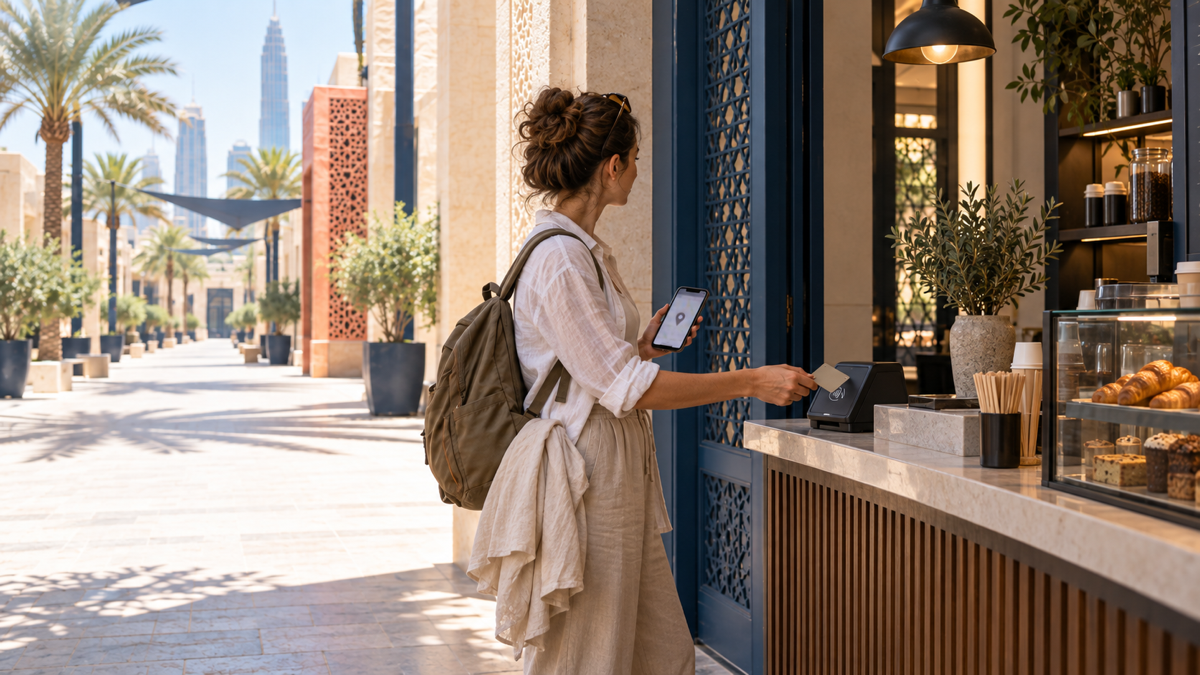 A traveller checks a location on her phone and pays by card at the entrance to a Dubai complex.