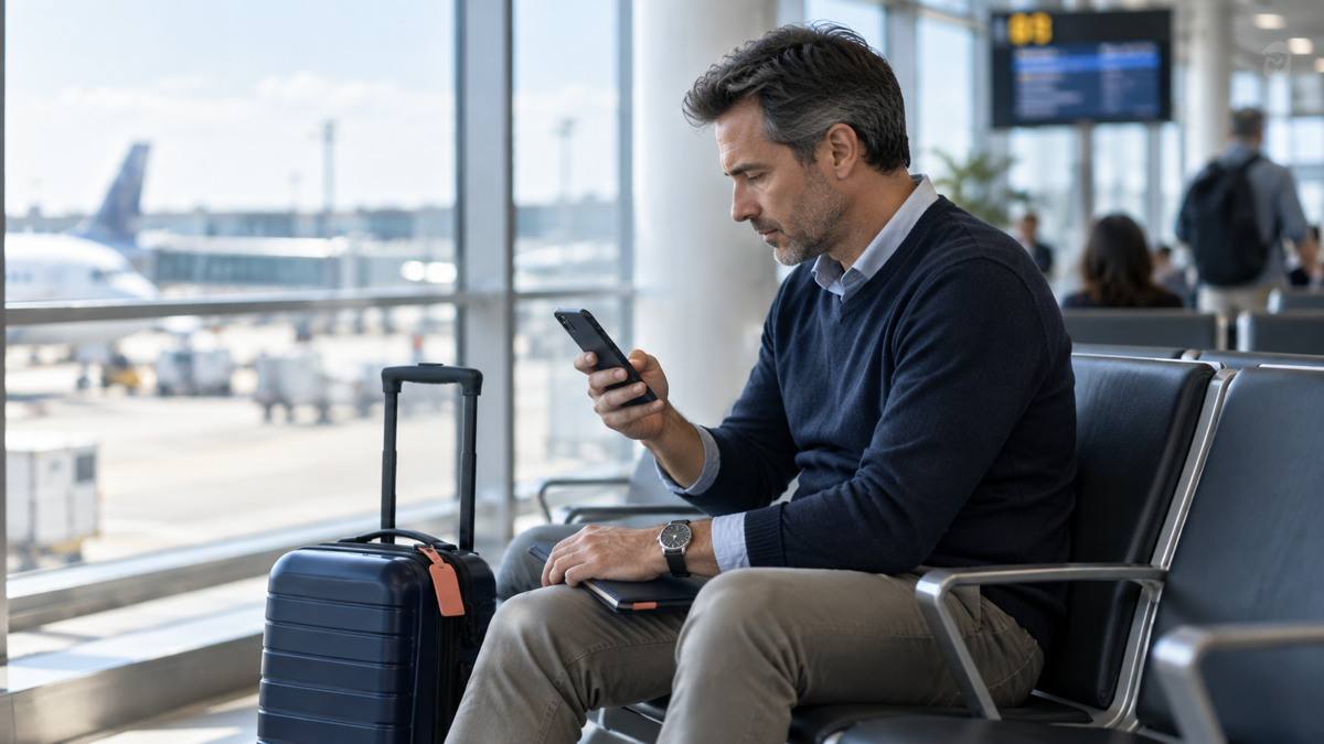 A traveller checks the fare conditions and upgrade options before an Emirates flight.