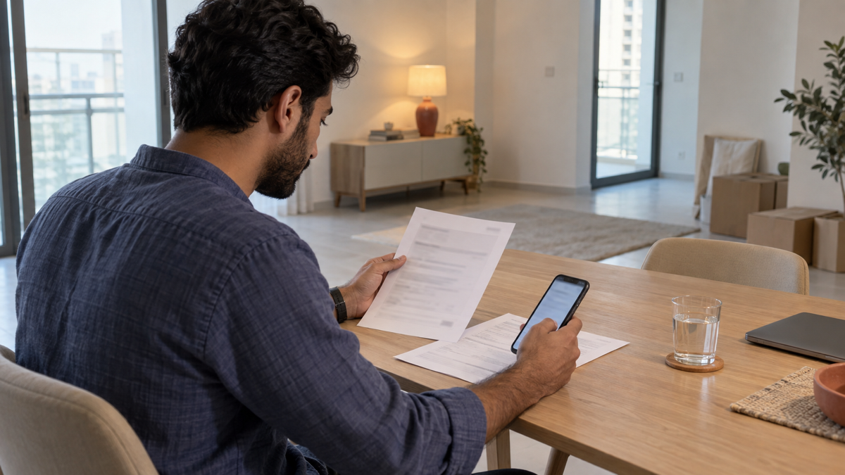 A tenant checks Ejari and DEWA confirmations before moving into a Dubai apartment