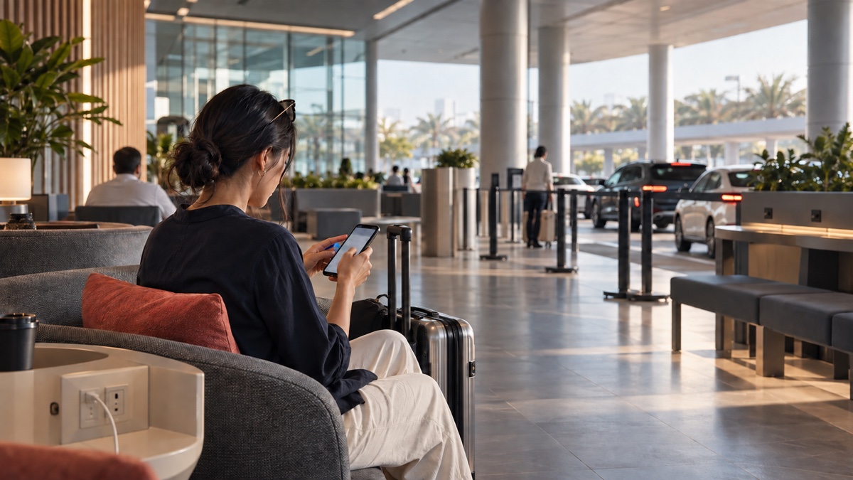 A passenger with luggage checks a ride in the Terminal 3 waiting lounge