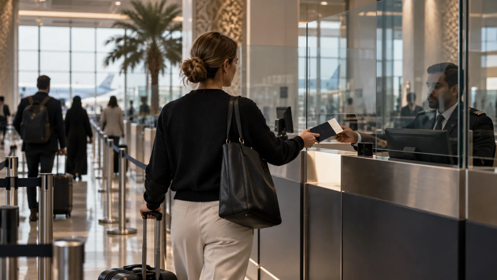 A passenger presents travel documents at an airport border-control desk