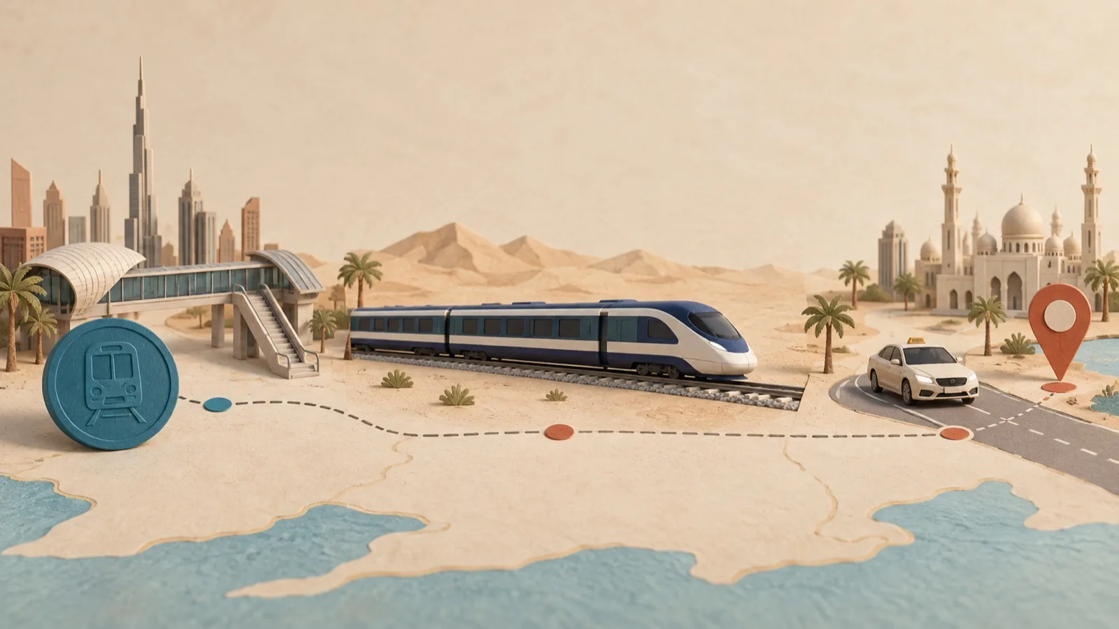 A visual route between the Dubai and Abu Dhabi stations with a train and city connections