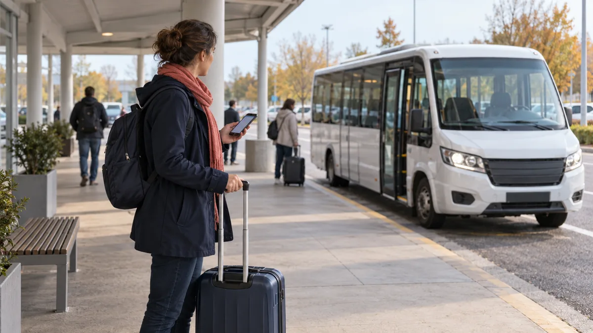 Eine Reisende prüft ihr Telefon an einem vorstädtischen Verkehrsknoten neben einem kleinen Shuttlebus.