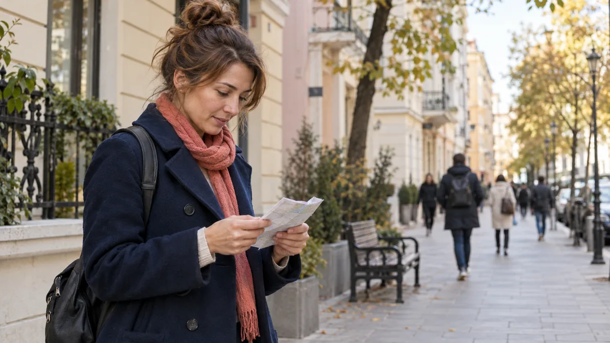 Illustrative everyday scene: a visitor checks a note before walking through a city neighbourhood.
