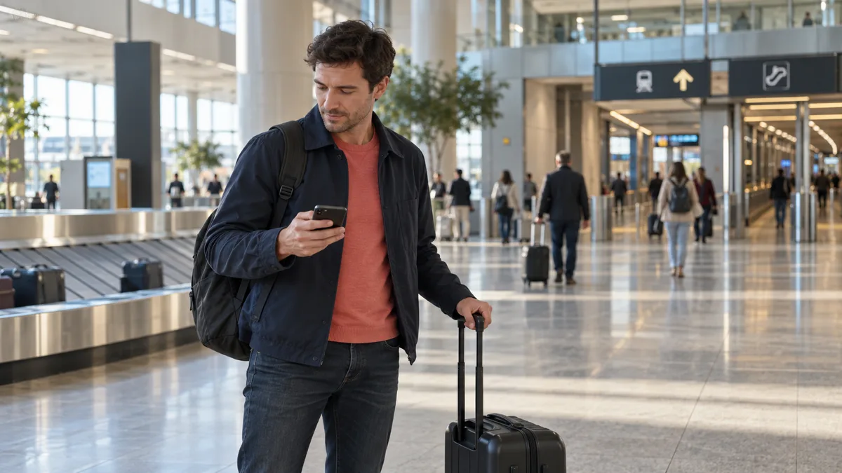Ein Reisender prüft eine gespeicherte Weiterfahrt in einer allgemeinen Flughafen-Ankunftshalle.