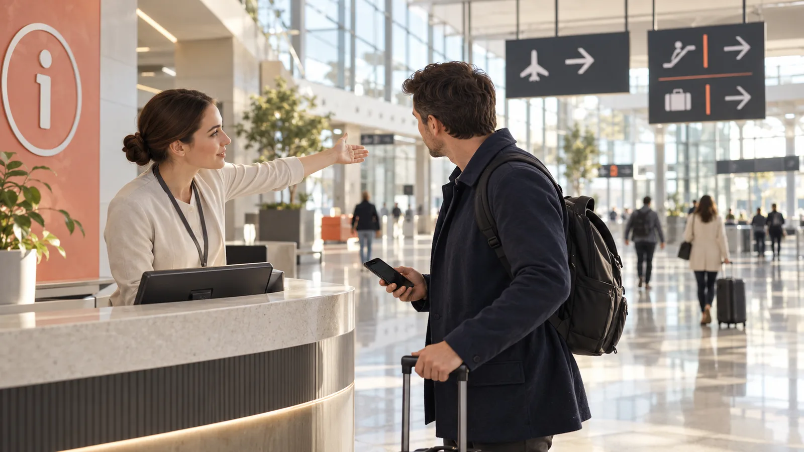 Un voyageur demande son chemin au comptoir d’information d’un aéroport.