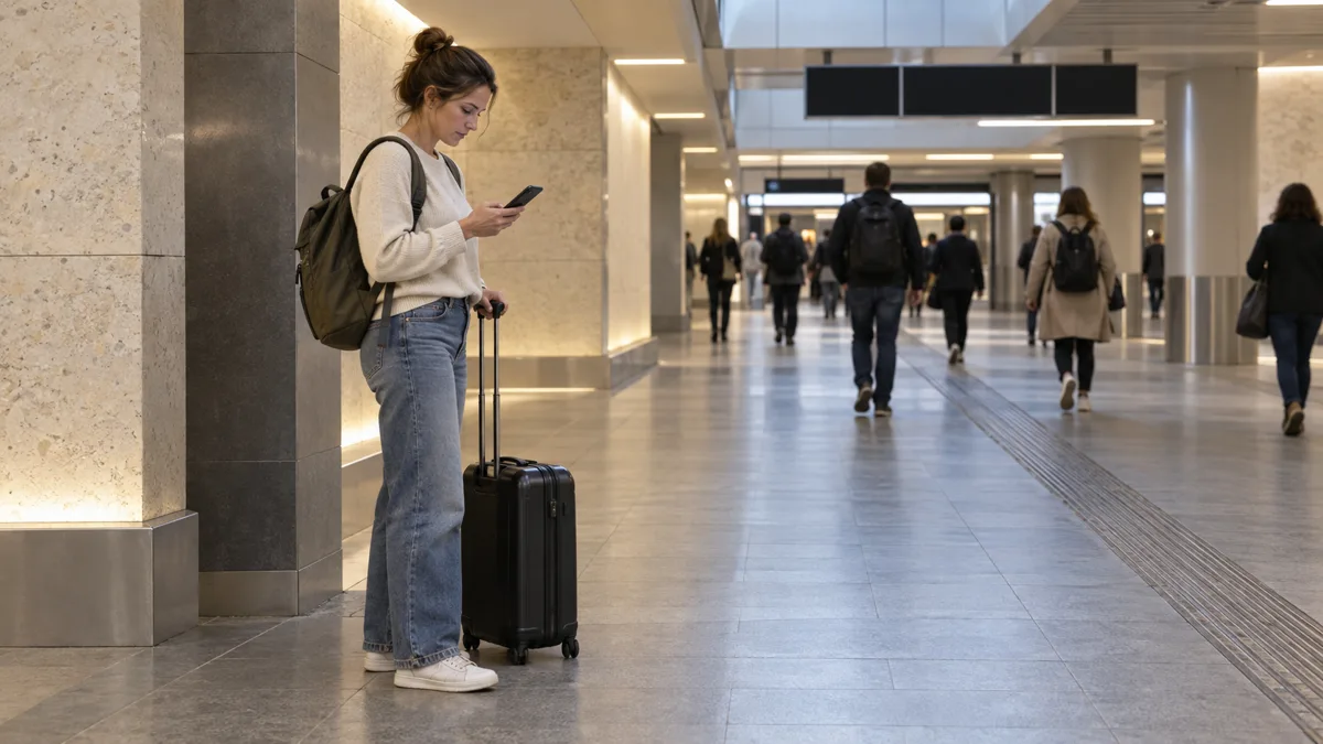 Une voyageuse consulte son téléphone près d’un passage souterrain de transport, avec une petite valise à roulettes.