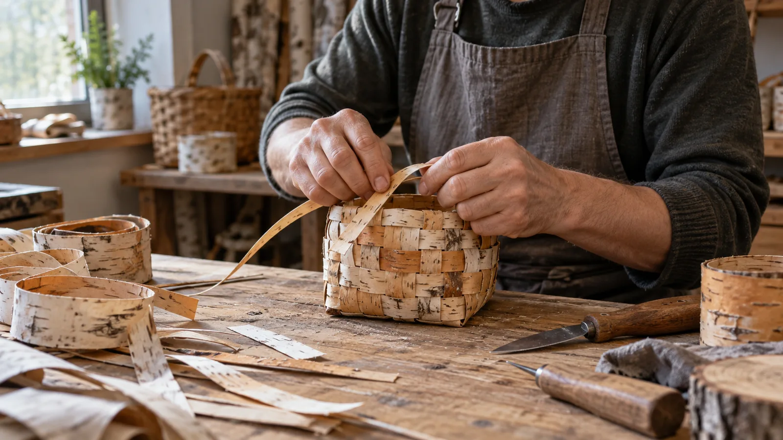 Les mains d’un artisan tressant un petit panier en écorce de bouleau
