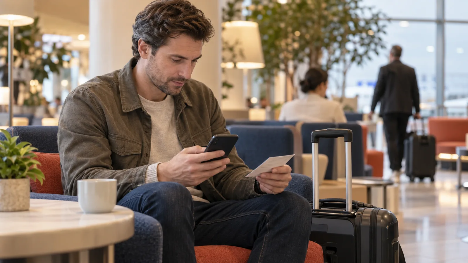 Un voyageur consulte un itinéraire enregistré sur son téléphone à l’aéroport.