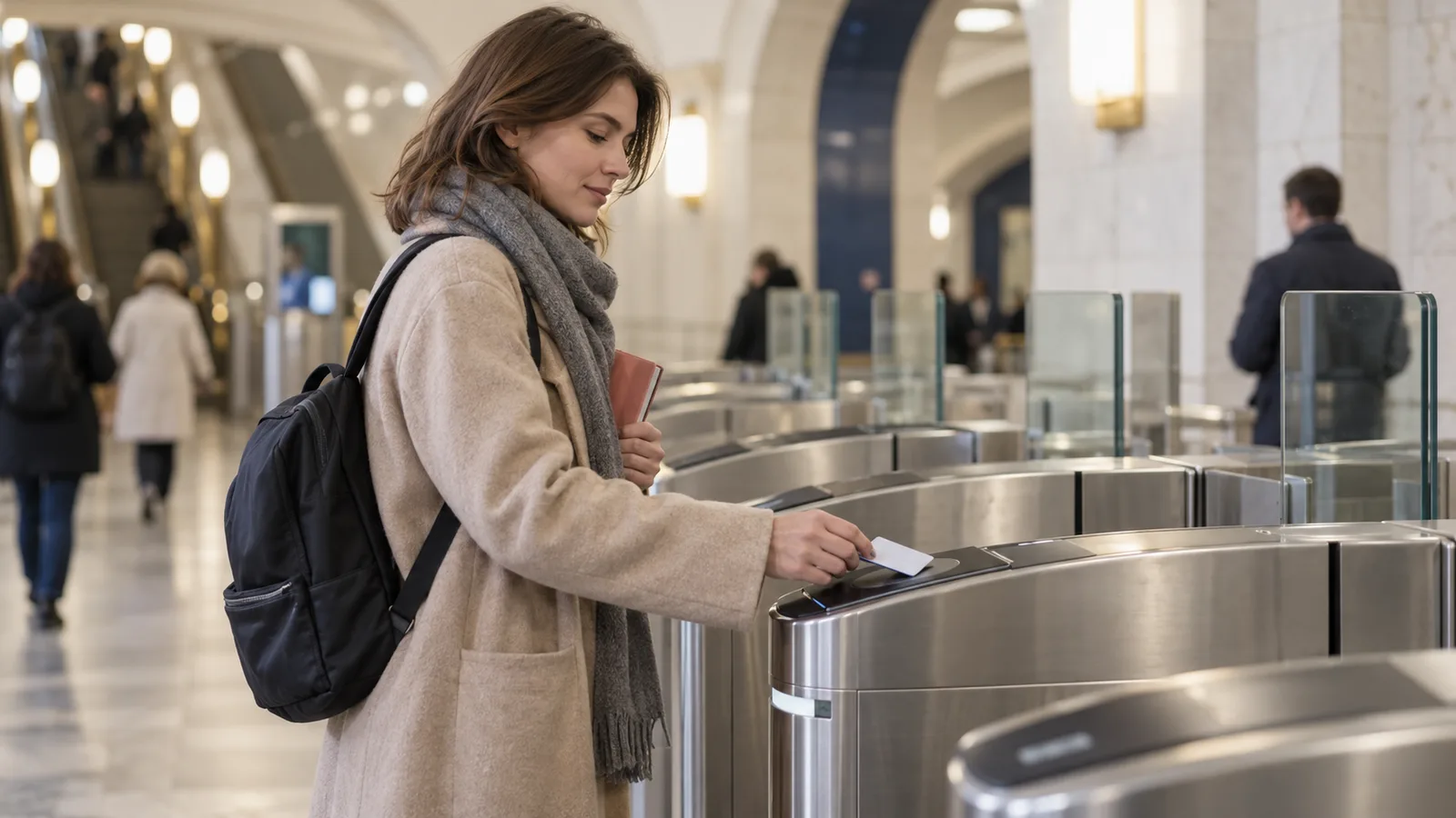 Un voyageur présente une carte de transport sobre au lecteur d’une entrée de métro générique
