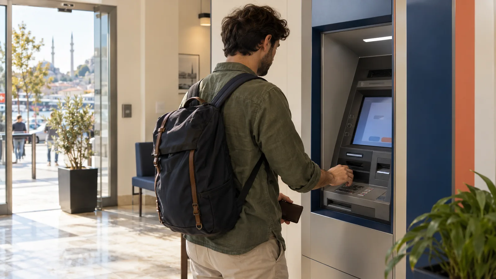 A traveler checks an ATM screen before withdrawing money