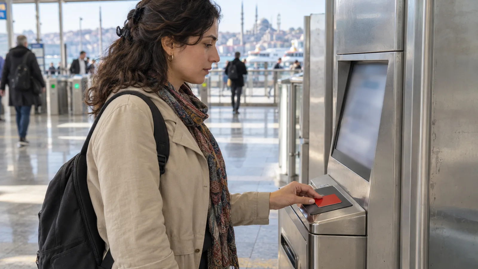 Una viajera mantiene la tarjeta en el lector y comprueba la recarga