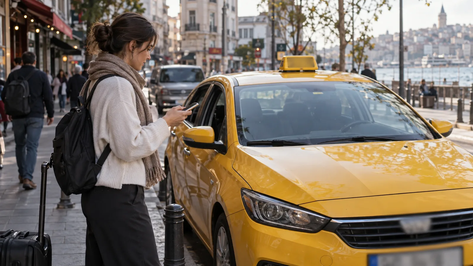 Una viajera comprueba su reserva junto a un taxi amarillo estacionado