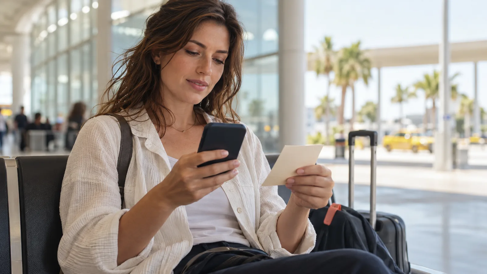 Bir gezgin havalimanında telefonunu ve notunu kontrol ediyor