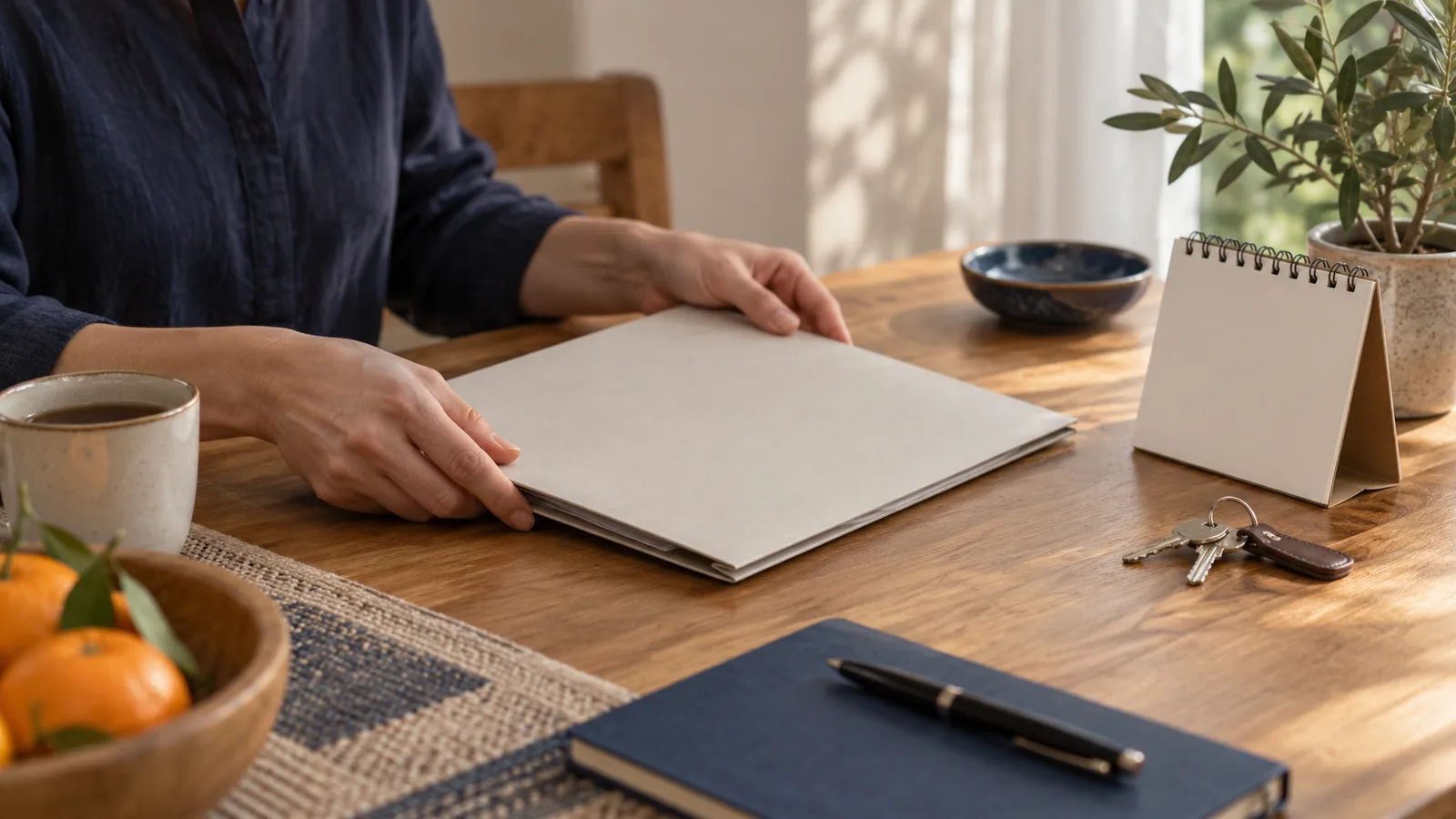Eine Person bereitet an einem Tisch mit Kalender und Schlüsseln eine Mappe vor