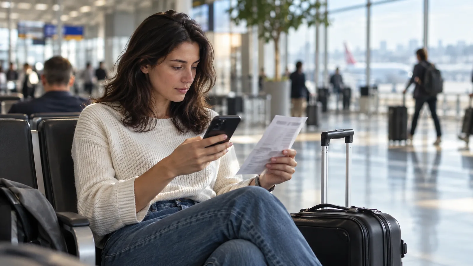 Bir yolcu havalimanı bekleme alanında telefonunu ve talimatları kontrol ediyor