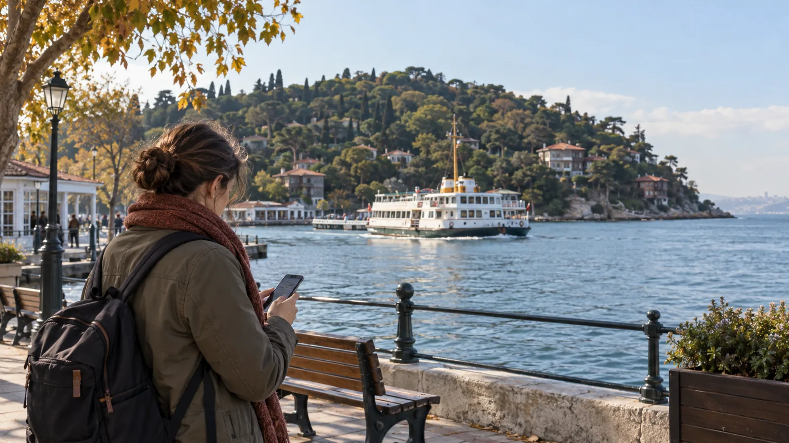 A traveller checks her phone on an island waterfront with a ferry nearby
