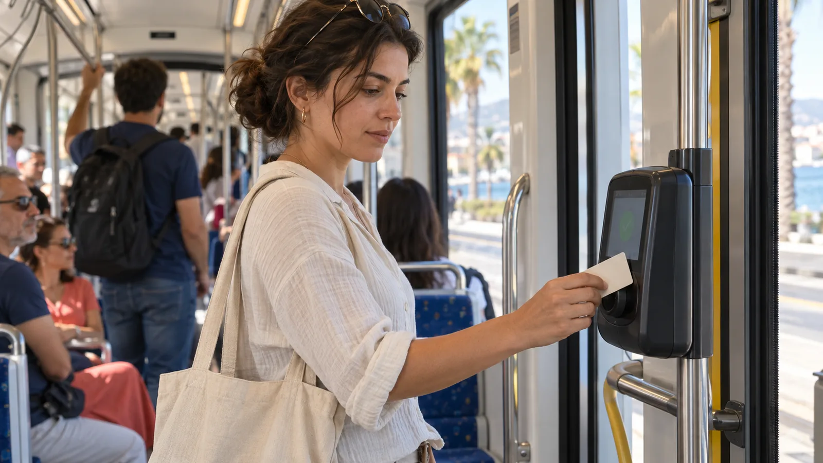 Una passeggera avvicina una carta di trasporto neutra al validatore