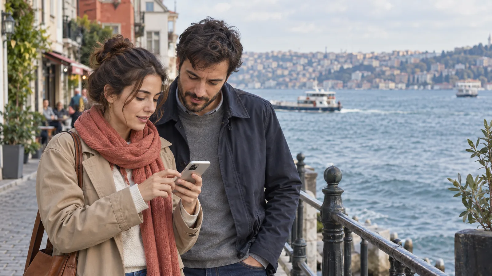 Due viaggiatori controllano un itinerario sul telefono vicino a una ringhiera sul lungomare