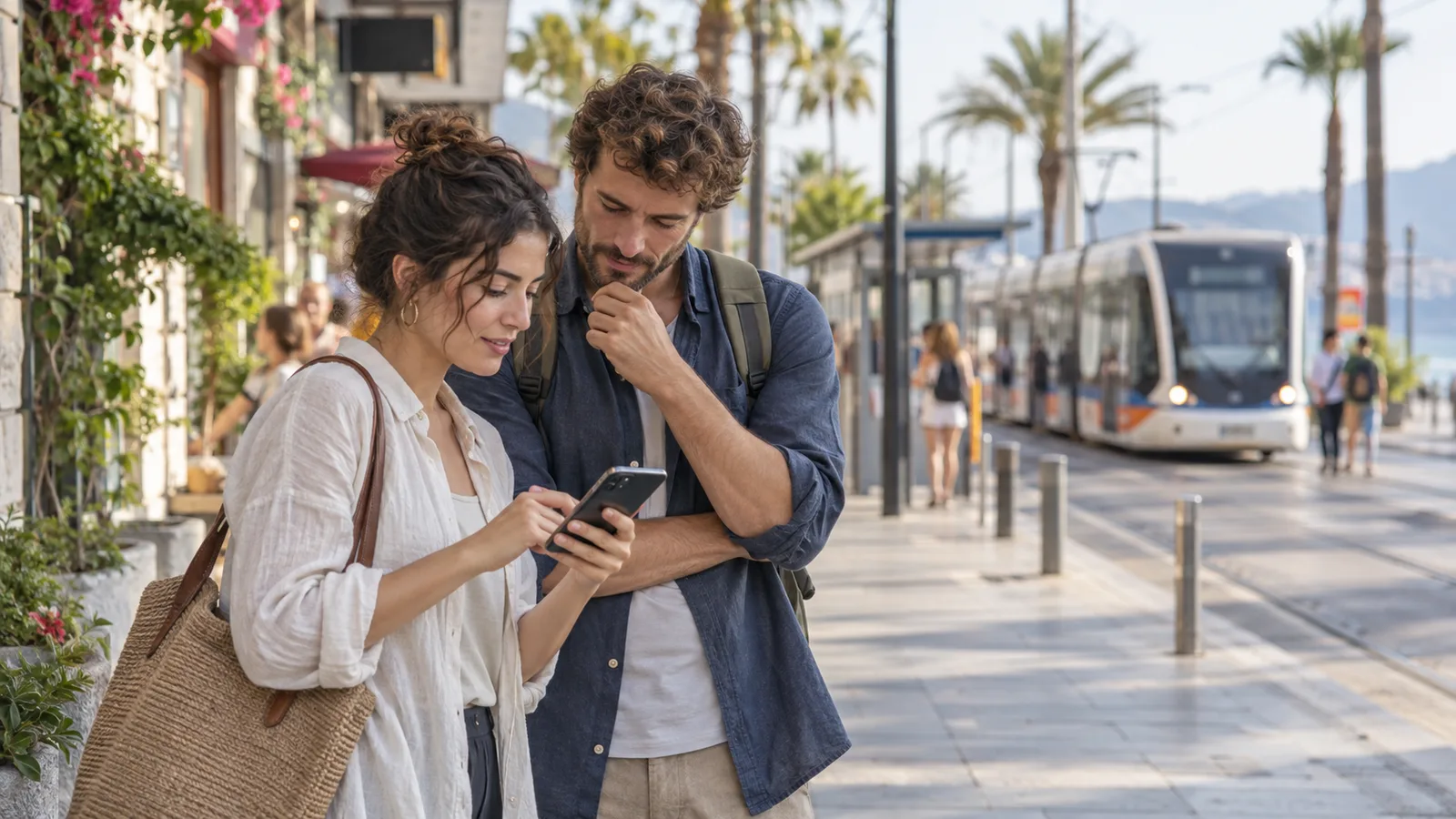 Zwei Reisende prüfen eine Route auf dem Handy auf einem städtischen Gehweg