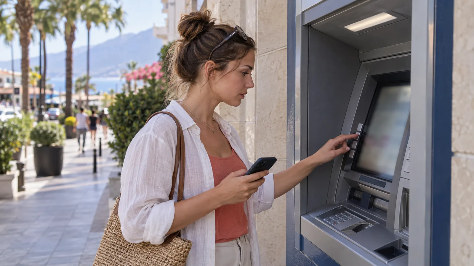 Una viaggiatrice legge lo schermo del bancomat prima di confermare il prelievo