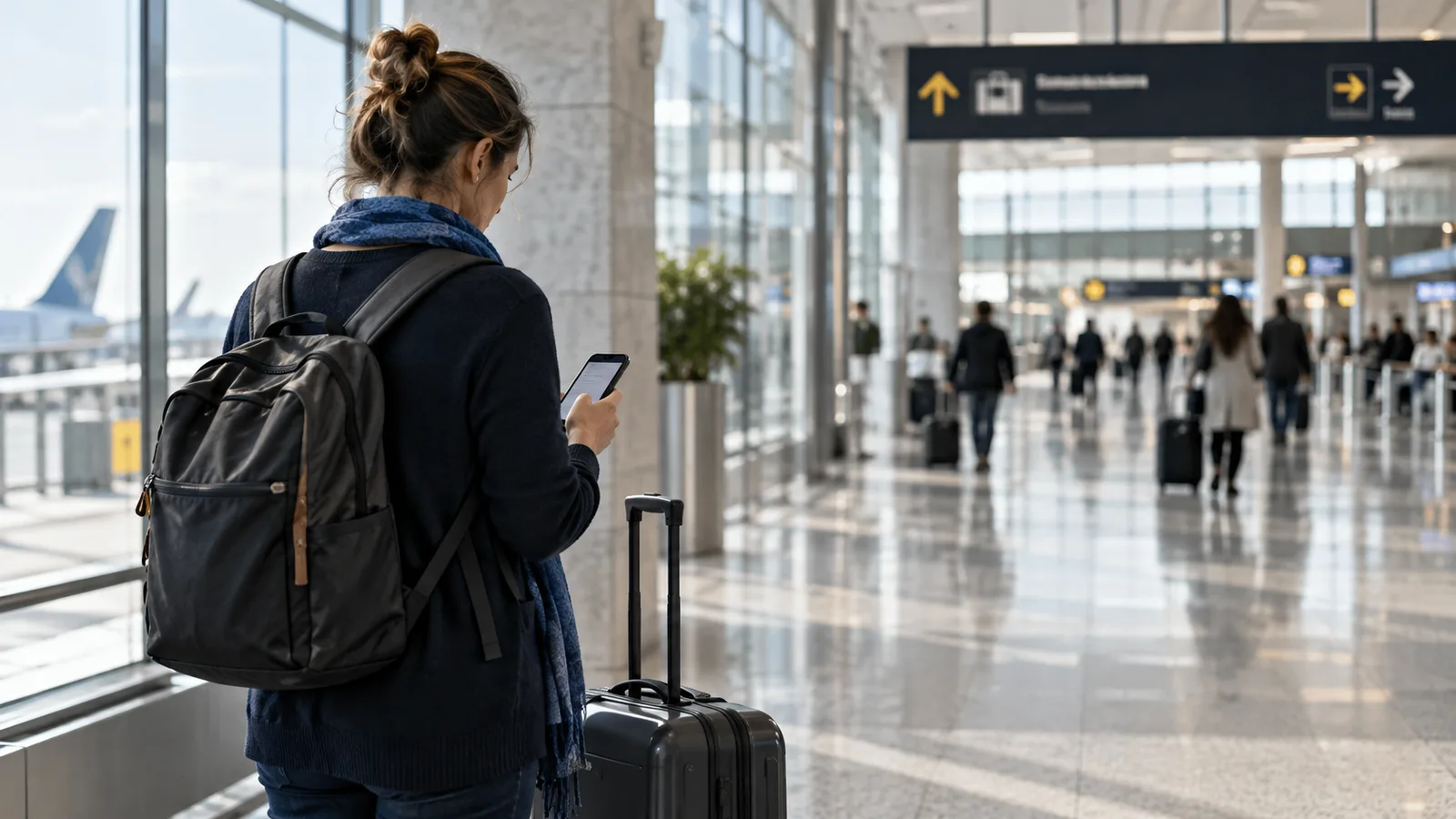 Путешественник проверяет телефон, остановившись в стороне от потока в терминале прилёта.