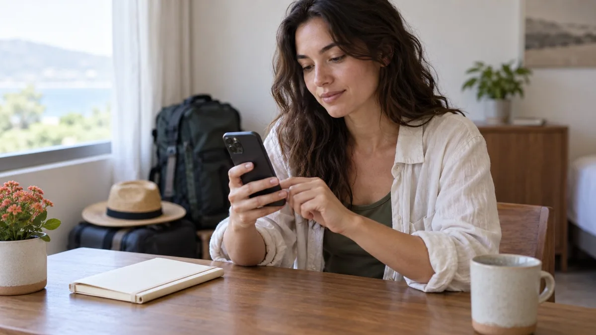 Uma viajante verifica as configurações de rede do celular sentada à mesa.