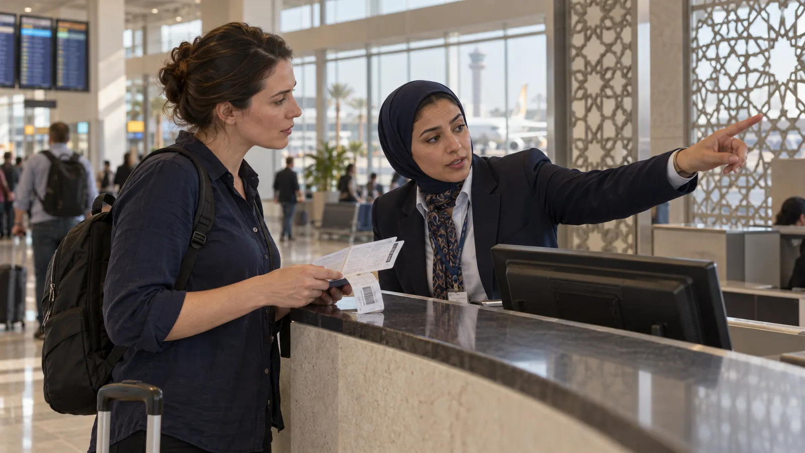 A traveller shows documents to a staff member at an airport information counter