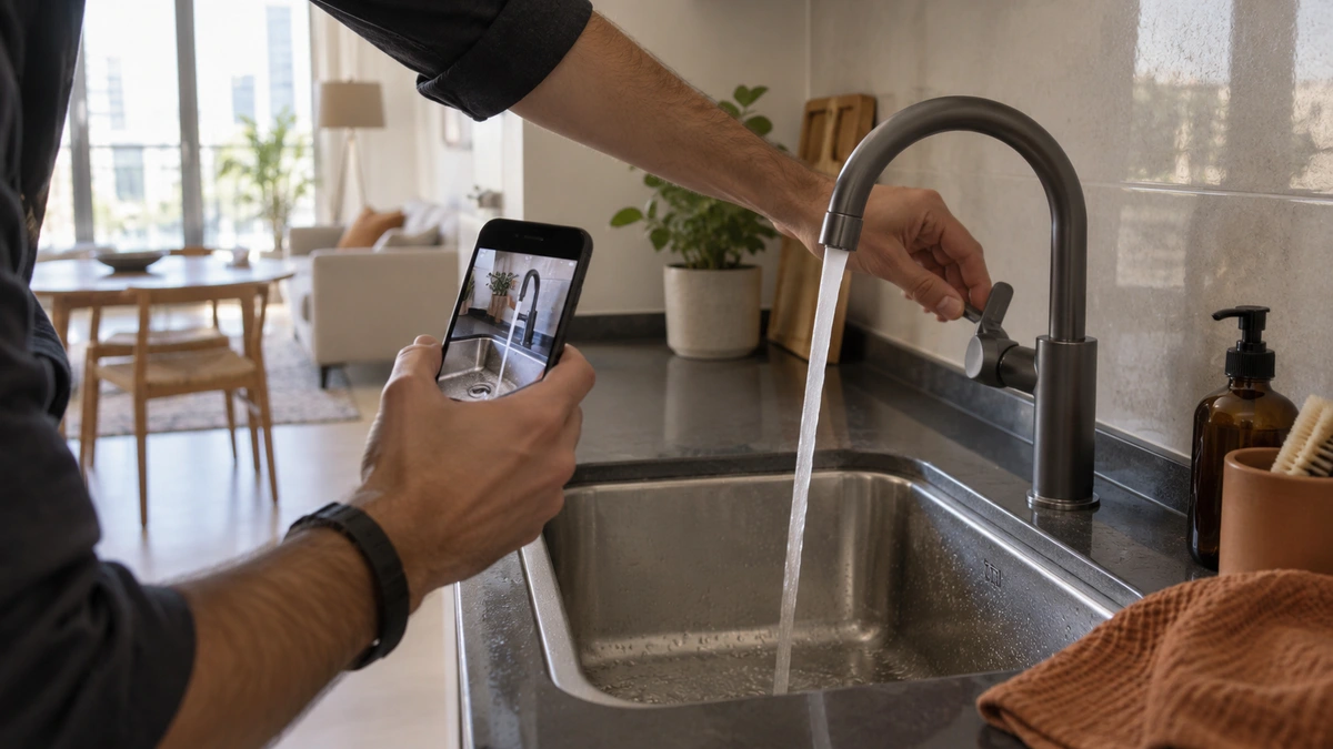 A person checks a kitchen tap and records the condition of an apartment on a smartphone