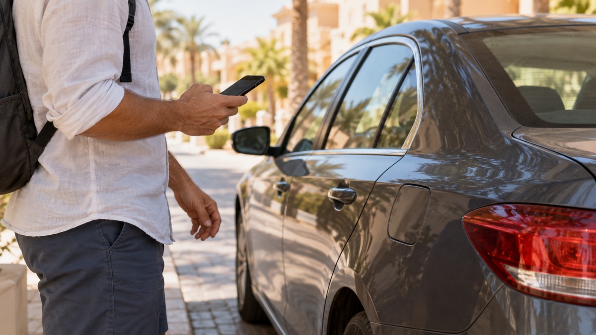 Bir yolcu araca binmeden önce otomobilin yanında telefonundan rezervasyonunu kontrol ediyor